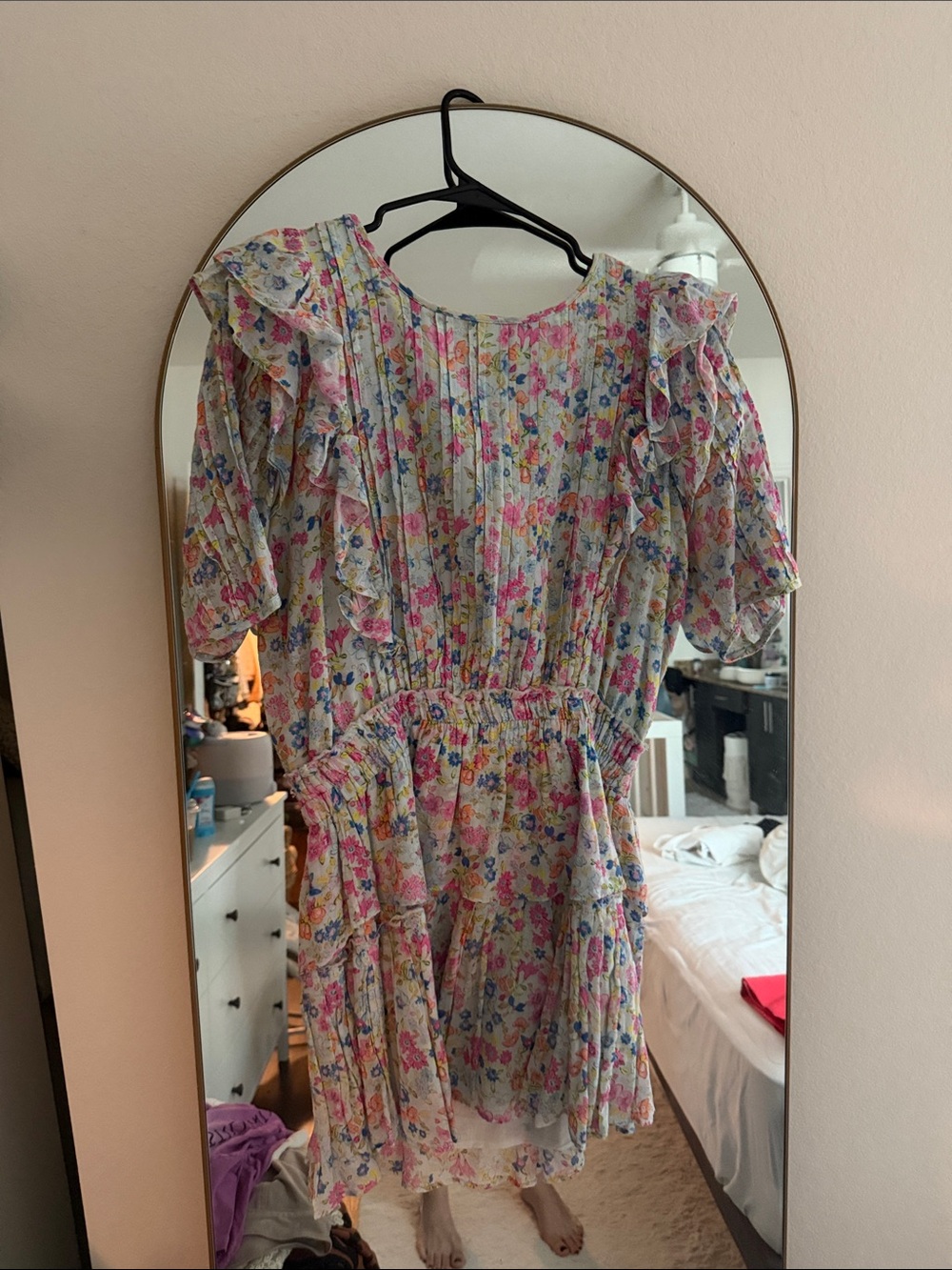 LoveShackFancy Girls Floral Ruffle Dress in Pink, Blue and Cream